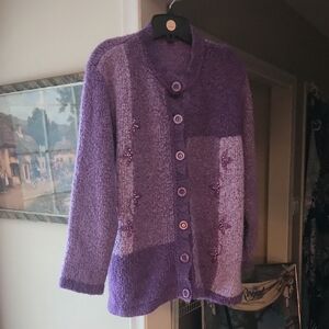 Q16 Bful tri-purple knit Cardigan big 1" bling buttons, high neck, side slits